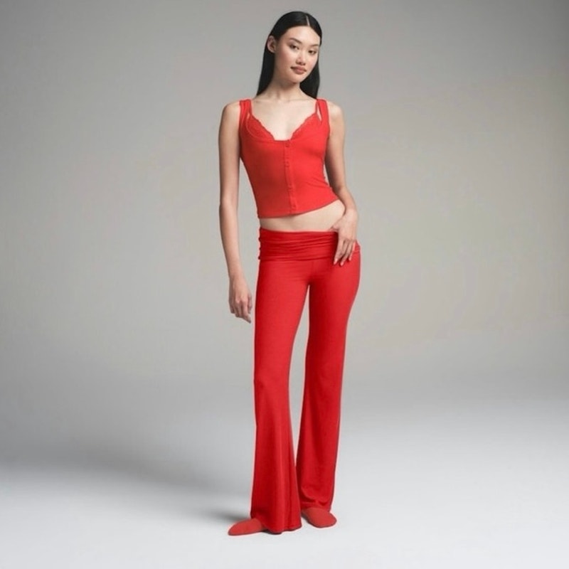 Skims Soft Lounge Ribbed Button Front Tank & Flare Pants Set Cherry Red Size L